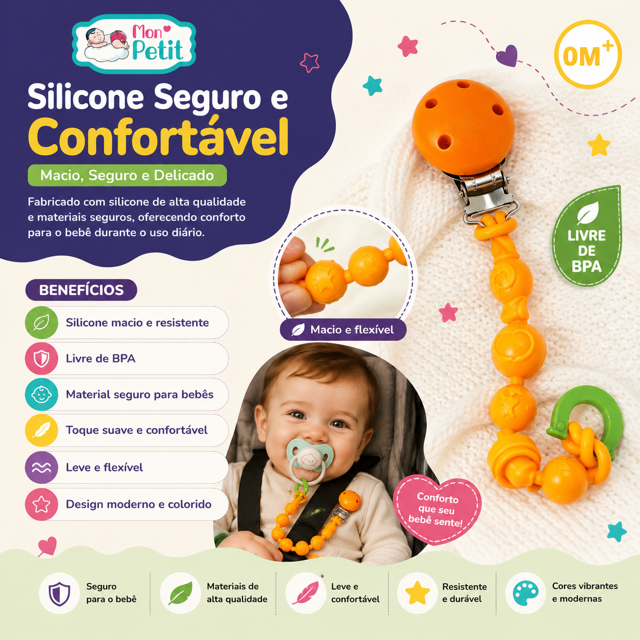 Painel descritivo sobre o silicone macio, seguro e delicado do prendedor Mon Petit, exibindo contas plásticas articuladas e a fotografia em grande plano de um recém-nascido.