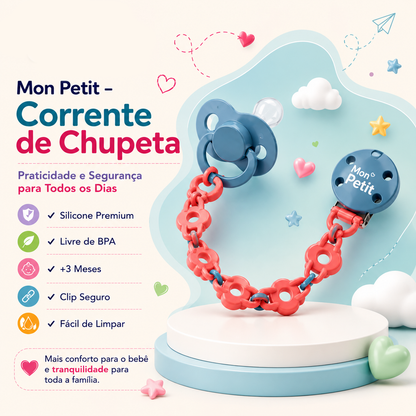 Infográfico da corrente de chupeta Mon Petit num pódio, destacando os benefícios de silicone premium, livre de BPA, clip seguro e fácil de limpar para bebés com mais de 3 meses.