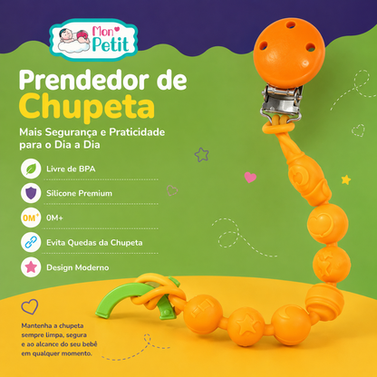 Infográfico publicitário do Prendedor de Chupeta Mon Petit, listando os diferenciais: livre de BPA, silicone premium, uso desde o nascimento (0M+), evita quedas e design moderno.