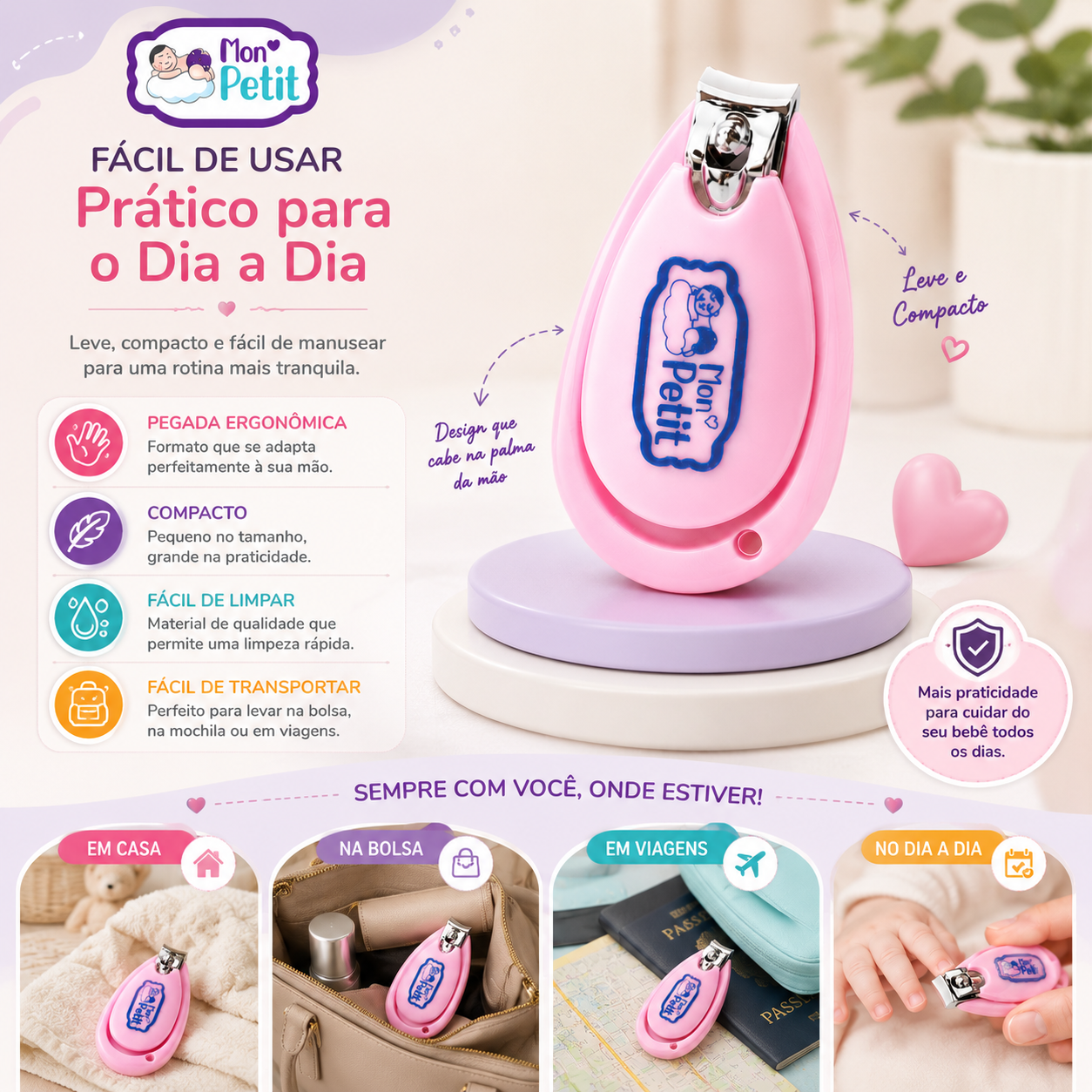 Exemplos práticos de uso do cortador de unhas portátil para bebé: em casa, na mala de maternidade e em viagens.