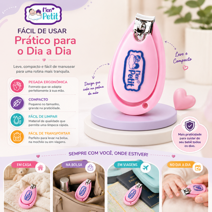 Exemplos práticos de uso do cortador de unhas portátil para bebé: em casa, na mala de maternidade e em viagens.