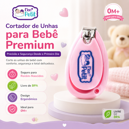 Infografia do cortador de unhas premium para bebé, destacando a segurança para recém-nascidos e material livre de BPA.