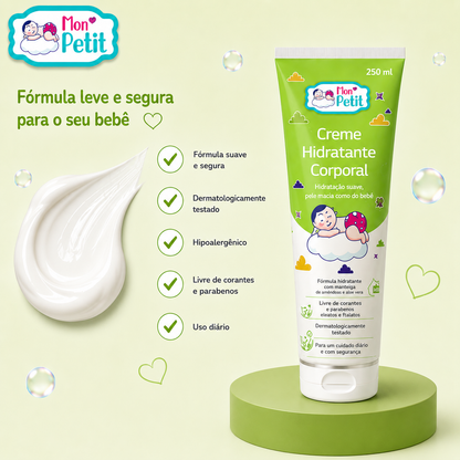 Amostra da textura branca do creme Mon Petit num pódio, destacando as propriedades hipoalergénica, dermatologicamente testada e livre de corantes.