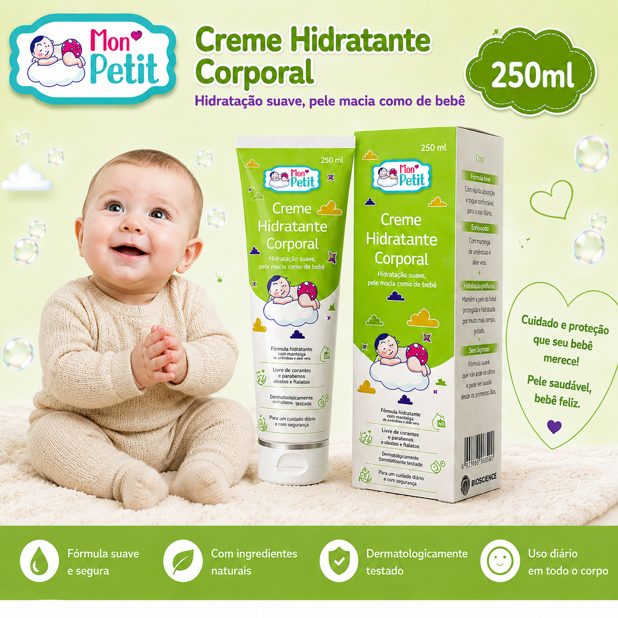 Embalagem em tubo e caixa do creme hidratante Mon Petit ao lado de um bebé sorridente, com a frase hidratação suave e pele macia como de bebé.