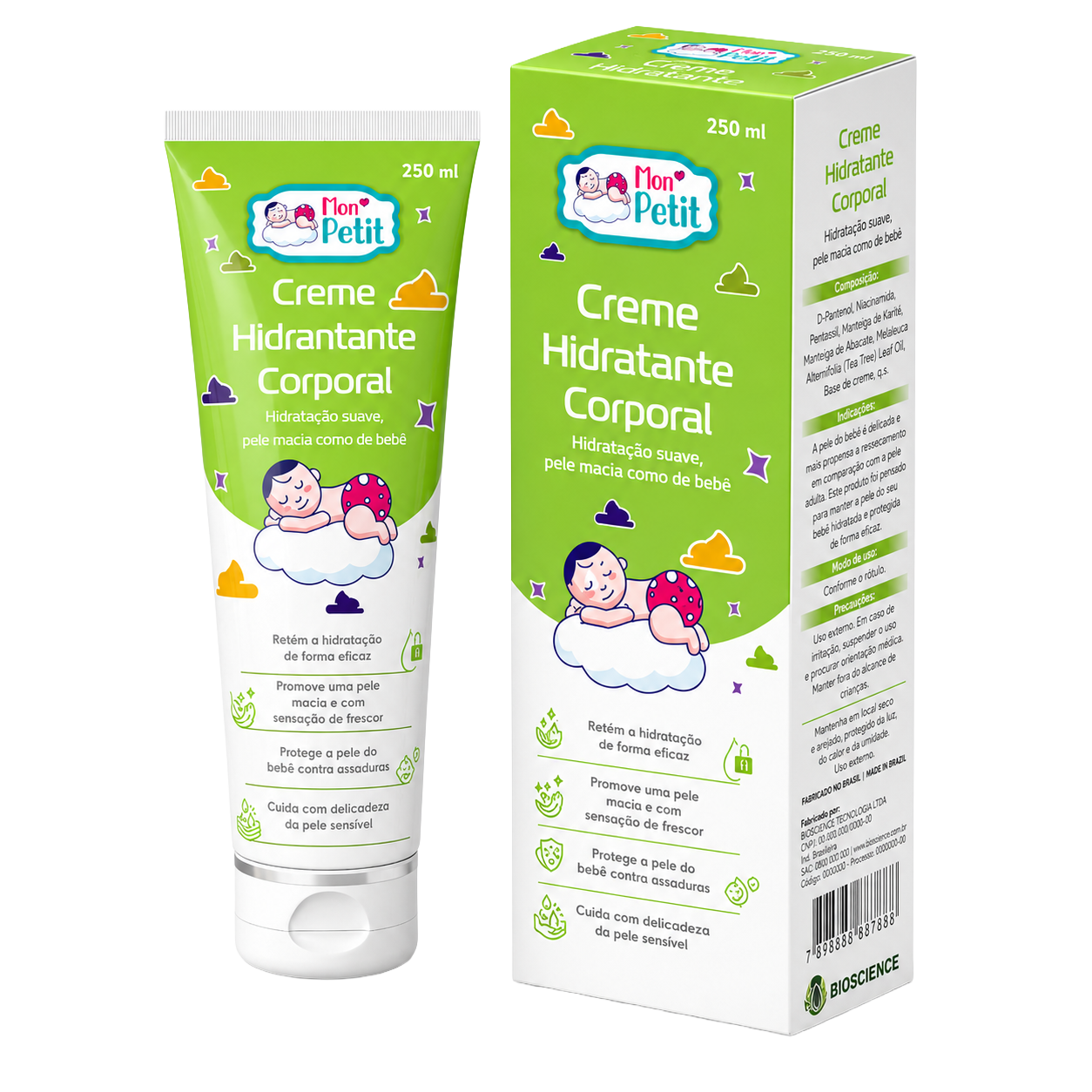 Tubo e caixa do Mon Petit Creme Hidratante Corporal de 250ml para bebé, destacando a textura suave e os ingredientes naturais sobre um fundo preto.