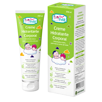 Tubo e caixa do Mon Petit Creme Hidratante Corporal de 250ml para bebé, destacando a textura suave e os ingredientes naturais sobre um fundo preto.