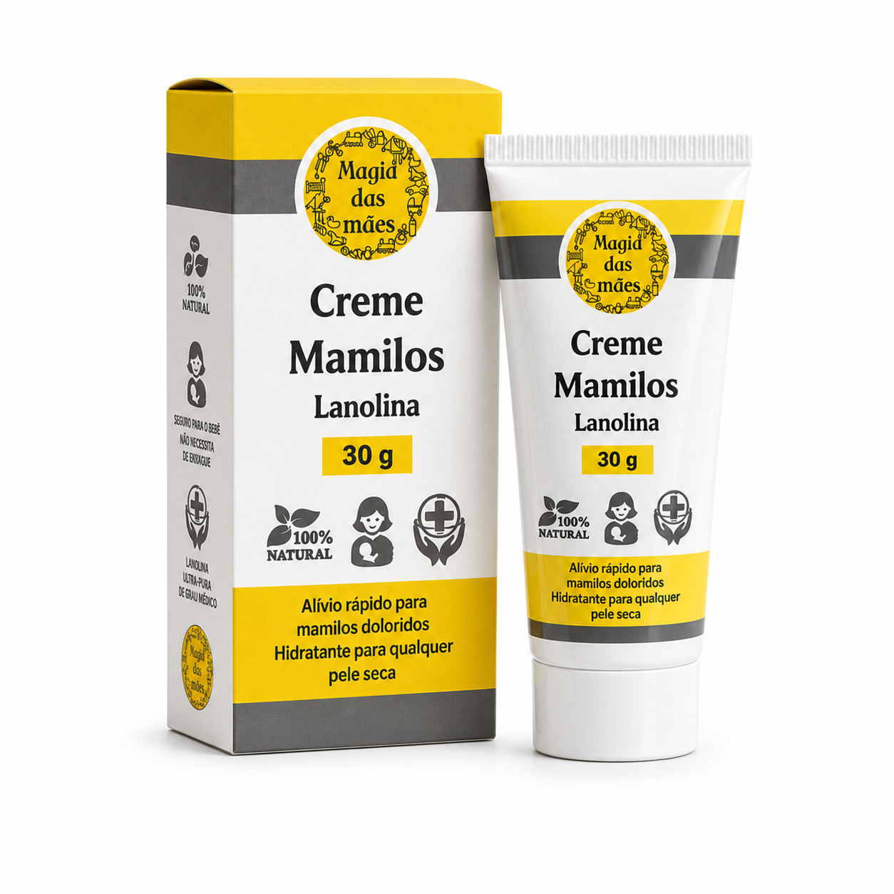 Creme para Mamilos com Lanolina 30 g Magia das Mães com tubo e embalagem em fundo branco.