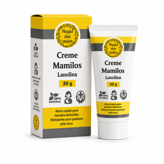 Creme para Mamilos com Lanolina 30 g Magia das Mães com tubo e embalagem em fundo branco.