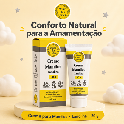 Creme para Mamilos com Lanolina 30 g Magia das Mães apresentado com tubo e embalagem.