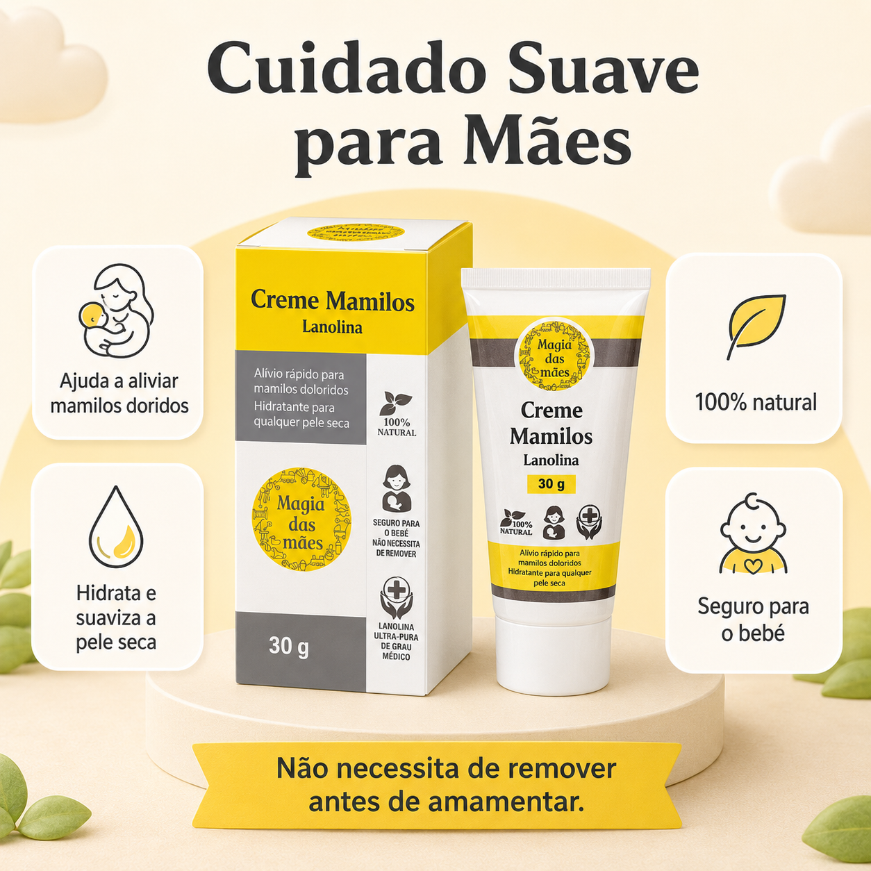 Creme de lanolina para ajudar a aliviar mamilos doridos e hidratar a pele seca durante a amamentação.