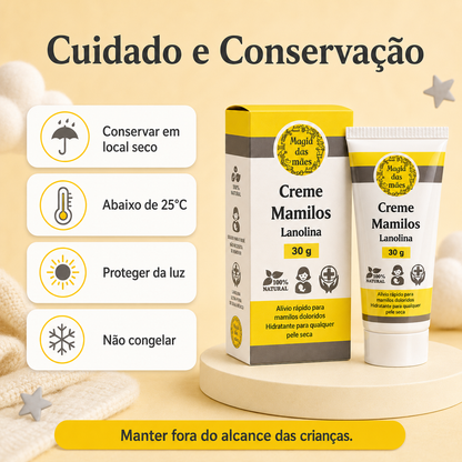 Informações de conservação do Creme para Mamilos com Lanolina 30 g, incluindo temperatura e proteção da luz.