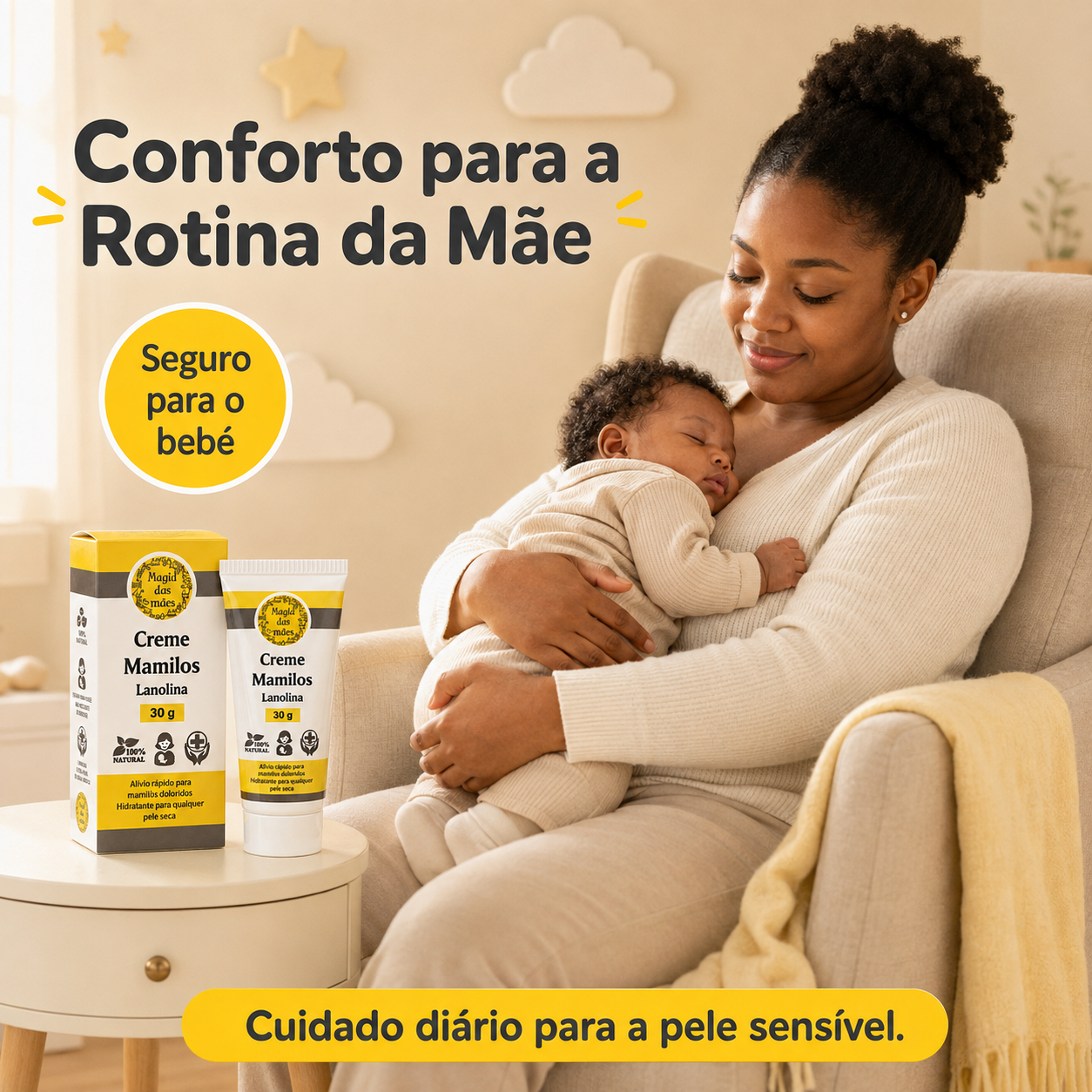 Mãe angolana a segurar o bebé junto ao Creme para Mamilos com Lanolina Magia das Mães.
