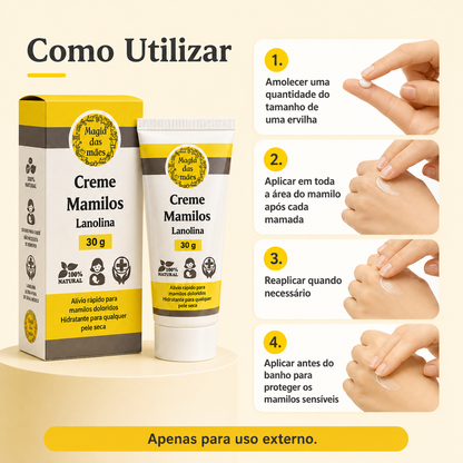 Instruções para aplicar uma pequena quantidade de creme de lanolina após cada mamada.