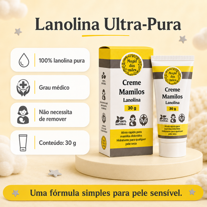 Creme para mamilos com lanolina ultra-pura de grau médico, fórmula 100% natural e conteúdo de 30 g.