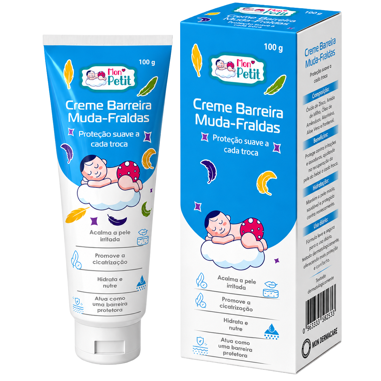 Tubo e caixa do Mon Petit Creme Barreira Muda-Fraldas de 100g para recém-nascidos, realçando a proteção suave sobre um fundo preto.