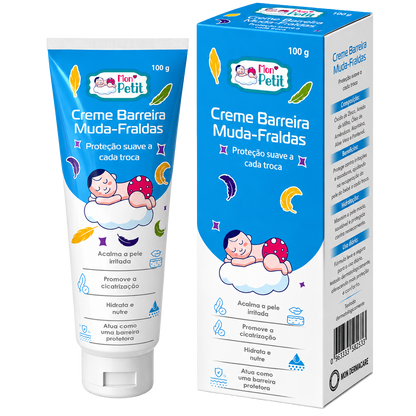 Tubo e caixa do Mon Petit Creme Barreira Muda-Fraldas de 100g para recém-nascidos, realçando a proteção suave sobre um fundo preto.