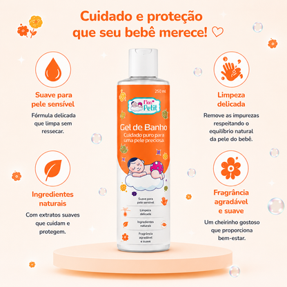 Infográfico do gel de banho Mon Petit em cima de um pódio, exibindo os quatro benefícios: suave para pele sensível, limpeza delicada, ingredientes naturais e fragrância agradável.