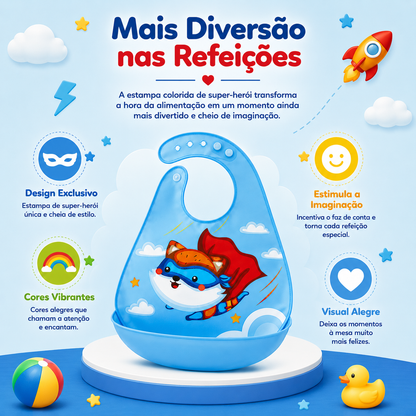 Infografia apresentando o design lúdico de super-herói do babador, focado na estimulação da imaginação do bebé.