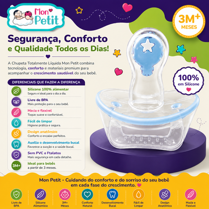 Painel descritivo com a lista de diferenciais da chupeta anatómica Mon Petit, destacando o auxílio no desenvolvimento bucal e a ausência de PVC e ftalatos.
