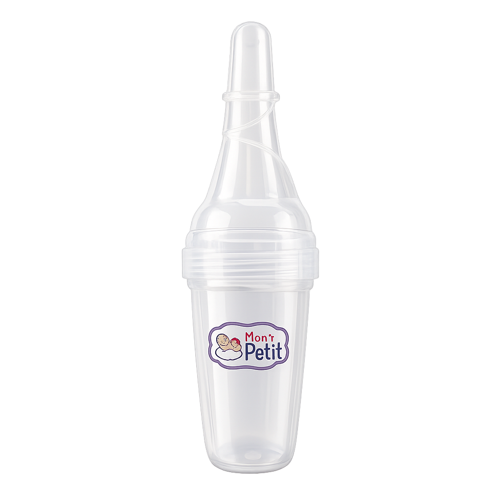 Distribuidor de medicamentos transparente para bebé da marca Mon Petit, com bico doseador e tampa protetora, isolado num fundo branco.