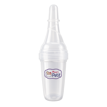 Distribuidor de medicamentos transparente para bebé da marca Mon Petit, com bico doseador e tampa protetora, isolado num fundo branco.