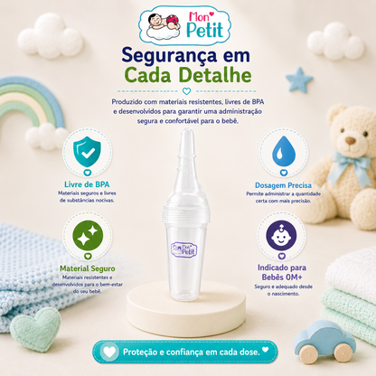 Cartaz informativo do doseador Mon Petit focado na segurança do bebé, detalhando a utilização de materiais resistentes, seguros, livres de substâncias nocivas e adequados desde o nascimento.