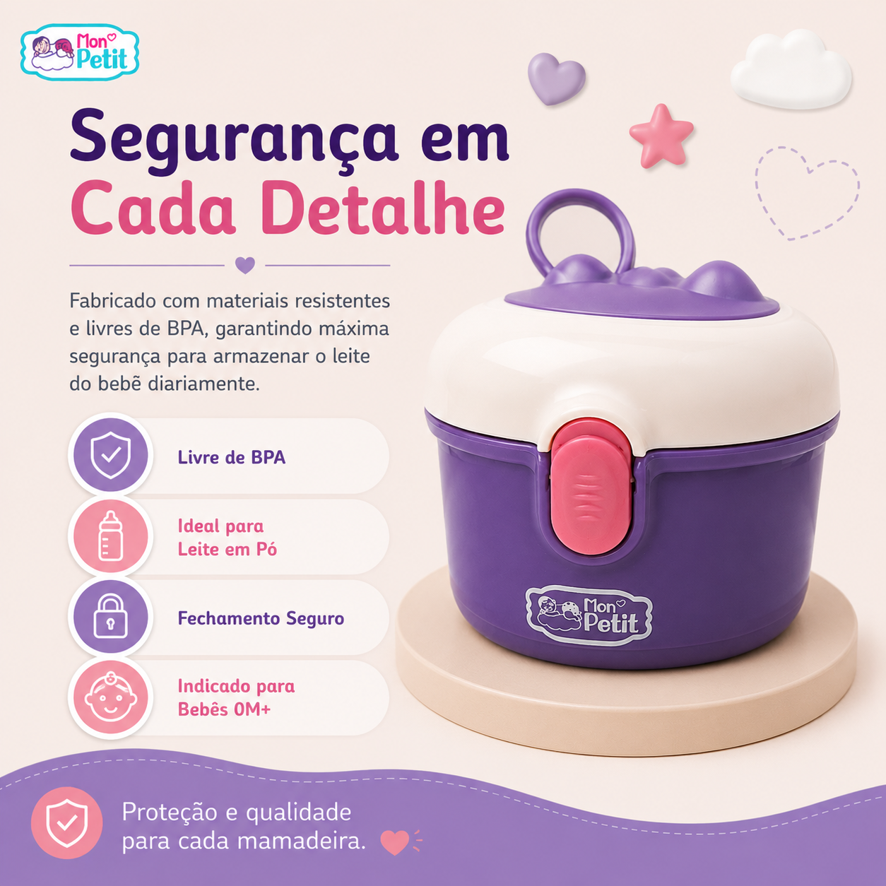 Doseador de leite em pó roxo Mon Petit sobre um suporte redondo, destacando o material resistente e livre de BPA.