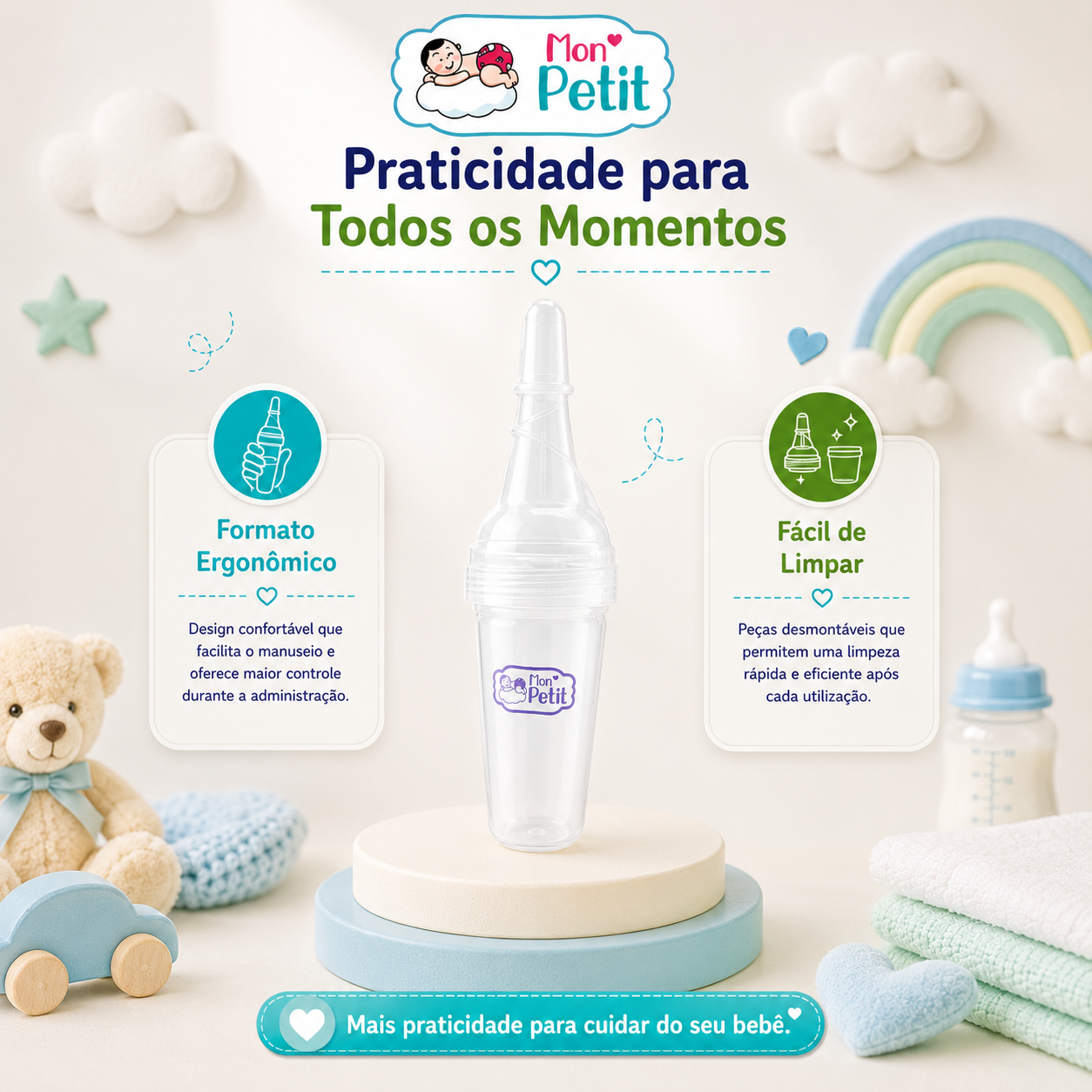Infográfico do produto Mon Petit realçando o seu formato ergonómico para maior controlo parental e as suas peças desmontáveis que o tornam um acessório muito fácil de limpar.