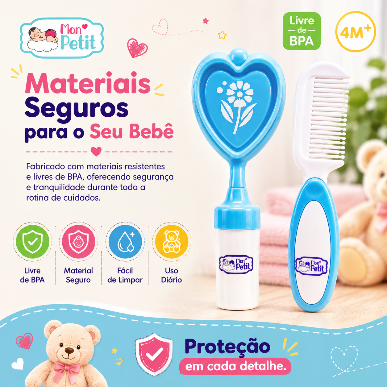 Painel descritivo da versão azul do conjunto Mon Petit sobre segurança infantil, destacando uma estrutura fabricada com materiais resistentes, livre de BPA, fácil de limpar e segura para o uso diário.