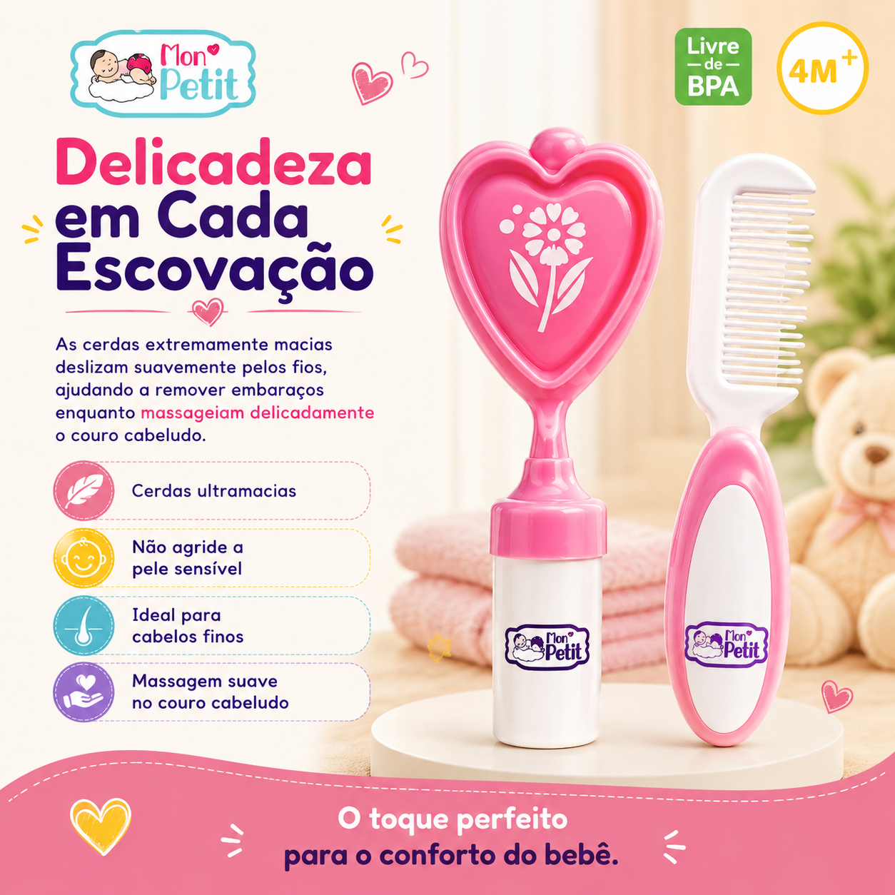 Painel promocional da versão rosa do conjunto Mon Petit com foco na delicadeza da escovagem, listando os benefícios de cerdas ultramacias ideais para cabelos finos e massagem suave no couro cabeludo.