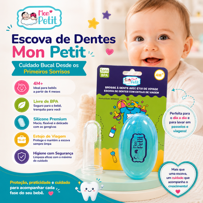 Infográfico publicitário da Escova de Dentes de Dedal Mon Petit com estojo de viagem, detalhando o uso a partir dos 4 meses (4M+), composição em silicone premium livre de BPA e benefícios de higiene oral.