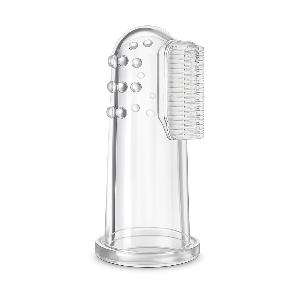 Escova de dentes de dedo em silicone transparente para bebé, mostrando um lado com cerdas macias e o outro com nódulos texturados para massagem gengival.
