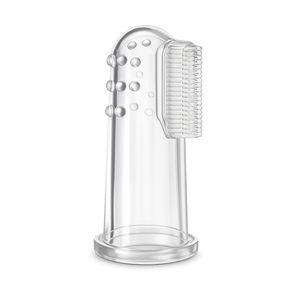 Escova de dentes de dedo em silicone transparente para bebé, mostrando um lado com cerdas macias e o outro com nódulos texturados para massagem gengival.