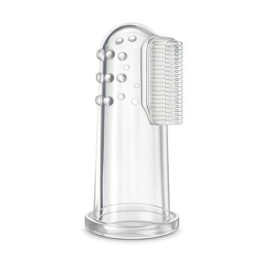 Escova de dentes de dedo em silicone transparente para bebé, mostrando um lado com cerdas macias e o outro com nódulos texturados para massagem gengival.
