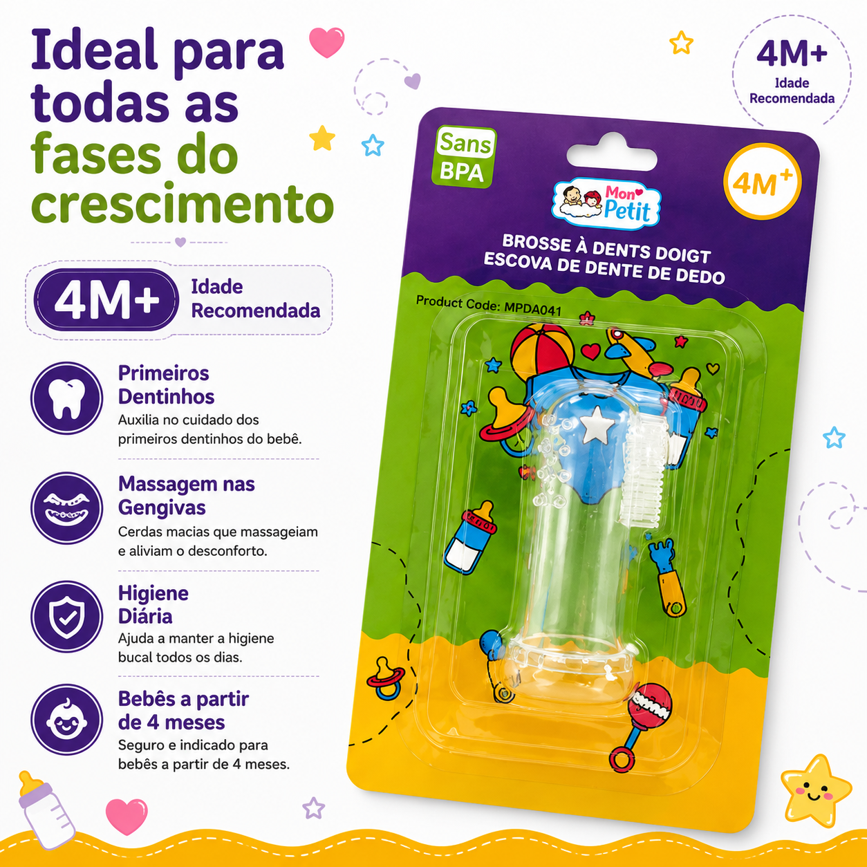 Embalagem comercial da escova de dentes de dedo Mon Petit, indicando a recomendação para idades superiores a 4 meses e o selo de material sem BPA.