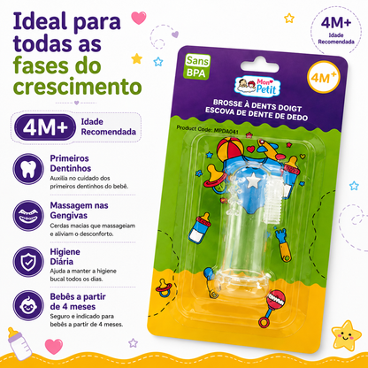 Embalagem comercial da escova de dentes de dedo Mon Petit, indicando a recomendação para idades superiores a 4 meses e o selo de material sem BPA.