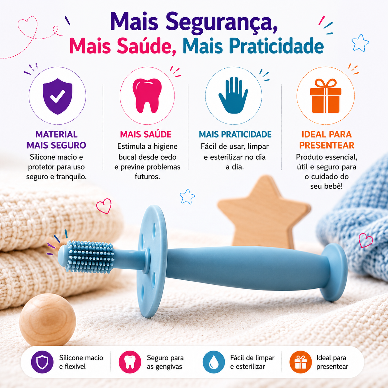 Escova de dentes infantil de silicone azul deitada sobre uma toalha macia, acompanhada por ícones que sugerem o produto como o presente ideal para o enxoval do bebé.