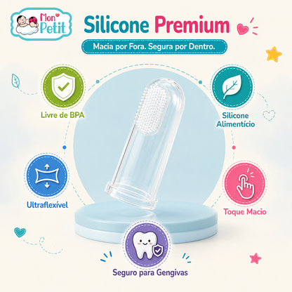 Infográfico focado nas propriedades do silicone premium de grau alimentício da escova de dedo Mon Petit, destacando a flexibilidade, toque macio, segurança para as gengivas e ausência de BPA.