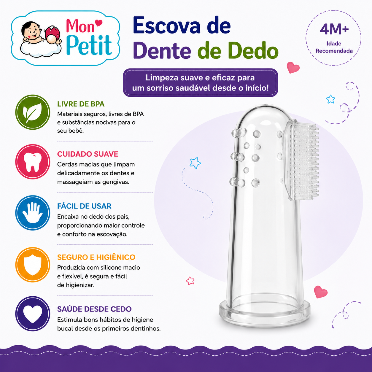 Escova de dente de dedo em silicone Mon Petit para bebé. Infografia descritiva do produto de higiene oral infantil livre de BPA com cerdas de massagem gengival para maiores de 4 meses.