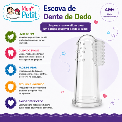 Escova de dente de dedo em silicone Mon Petit para bebé. Infografia descritiva do produto de higiene oral infantil livre de BPA com cerdas de massagem gengival para maiores de 4 meses.