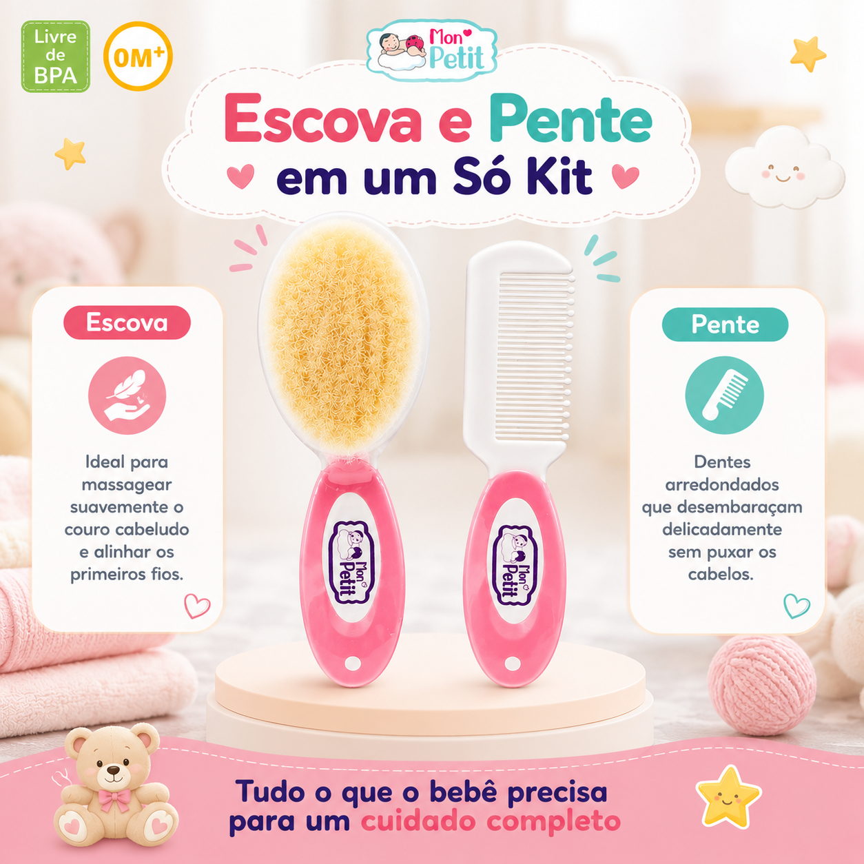 Infográfico detalhando as funções do kit: a escova indicada para massagear suavemente o couro cabeludo e o pente com dentes arredondados para desembaraçar os cabelos sem puxar.