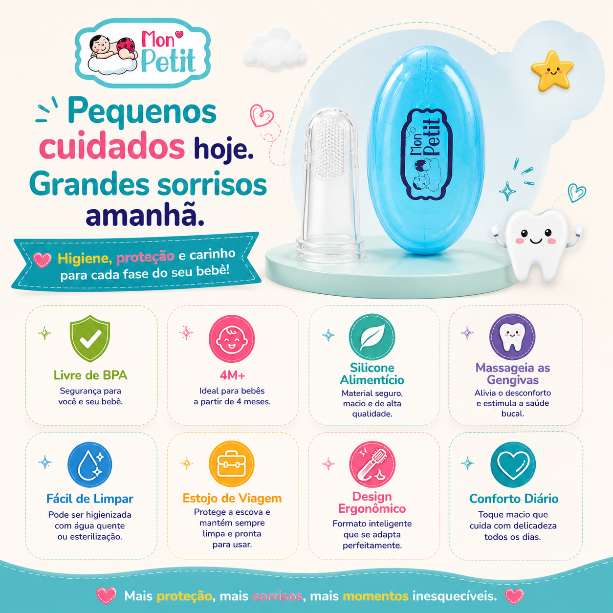 Cartaz publicitário completo com os 8 diferenciais da escova de dedal Mon Petit, organizados em quadrantes ilustrados que abordam desde o design ergonómico até à facilidade de esterilização com água quente.