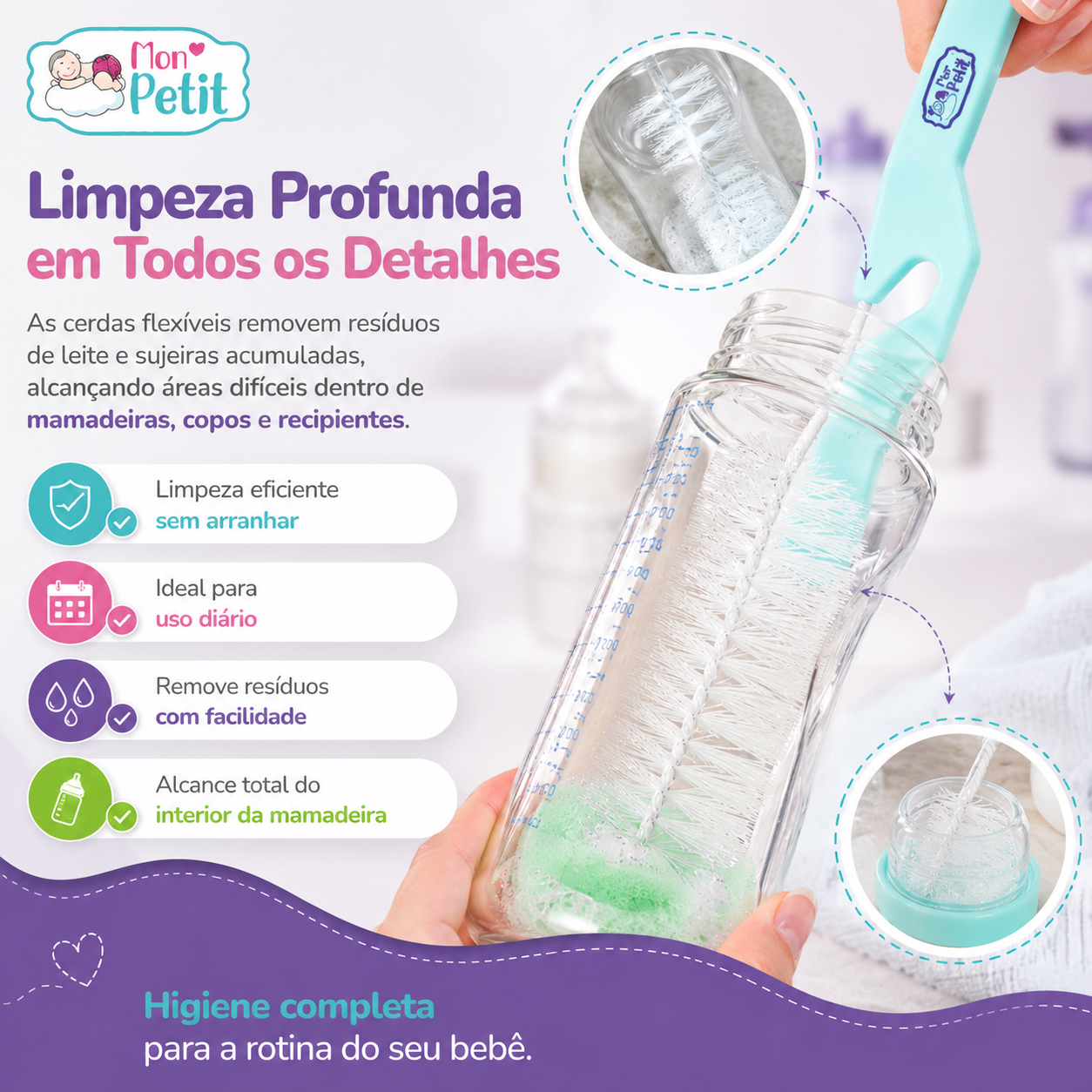 Painel promocional demonstrando a escova grande a limpar o interior de uma mamadeira de vidro sem arranhar, com destaques para remoção de resíduos e alcance total de cantos difíceis.