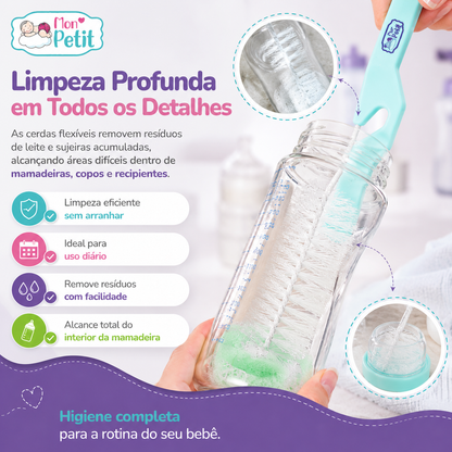 Painel promocional demonstrando a escova grande a limpar o interior de uma mamadeira de vidro sem arranhar, com destaques para remoção de resíduos e alcance total de cantos difíceis.