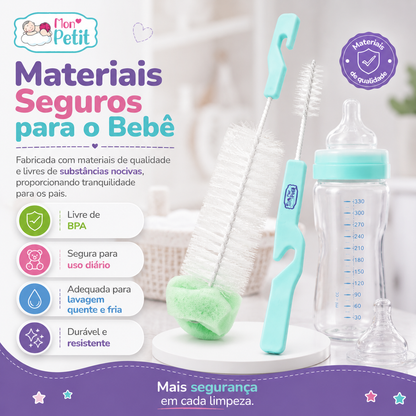 Painel descritivo sobre os materiais seguros livres de substâncias nocivas do kit Mon Petit, mostrando as escovas ao lado de uma mamadeira graduada, destacando a resistência e lavagem quente e fria.