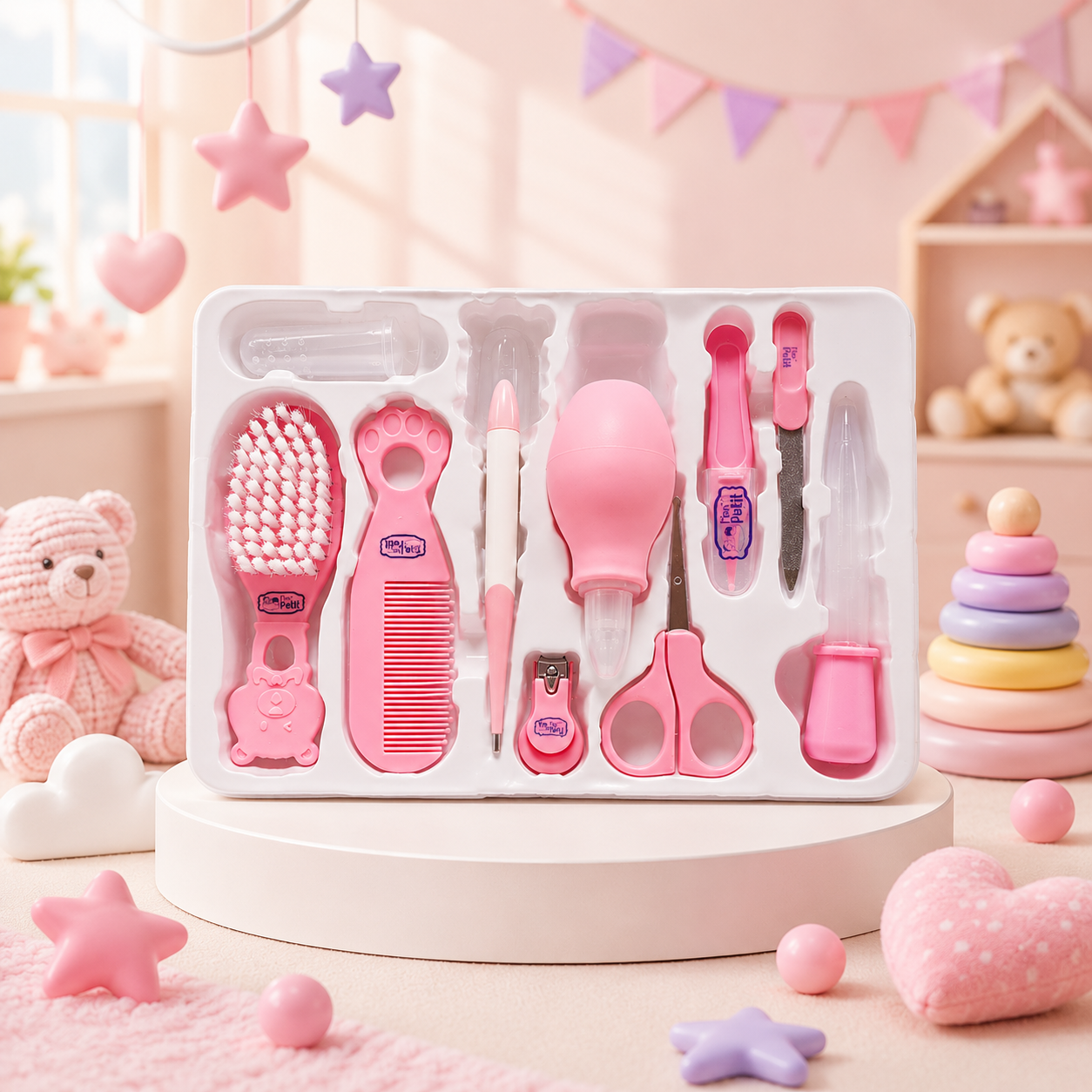 Conjunto de higiene para recém-nascido Mon Petit colocado sobre um suporte redondo num quarto decorado com peluches, estrelas e brinquedos em tons rosa.