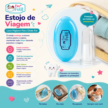 Painel informativo sobre as vantagens do estojo de viagem protetor da escova Mon Petit, exibindo imagens de uso prático na mala, na bolsa e em passeios diários para manter o acessório higienizado.