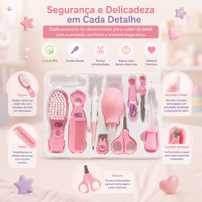 Infografia do Kit Premium de cuidados para bebé da Mon Petit com 10 peças, destacando cerdas macias, material livre de BPA e uso ideal desde o nascimento.