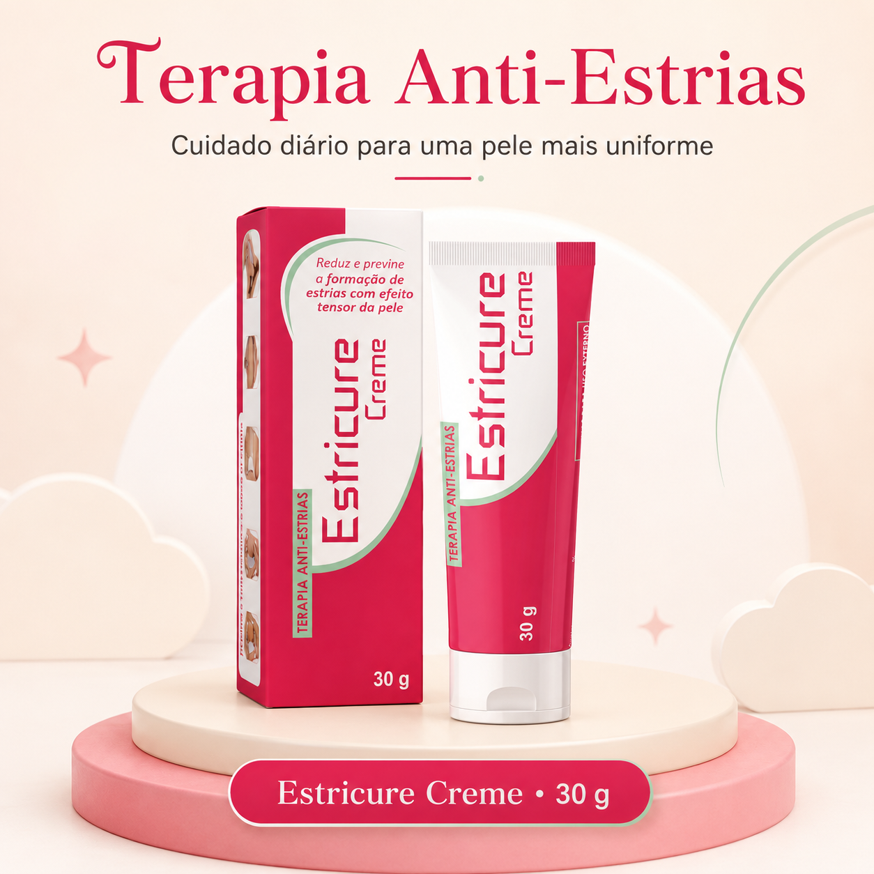 Estricure Creme anti-estrias 30 g com tubo e embalagem em fundo rosa e verde suave.