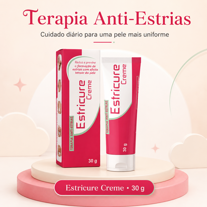 Estricure Creme anti-estrias 30 g com tubo e embalagem em fundo rosa e verde suave.